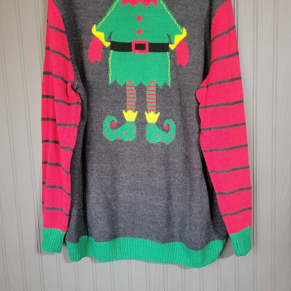 Ugle Christmas Sweater Knit Long Sleeve Elf Graphic Holiday Gray Men's 2XL - Picture 4 of 7